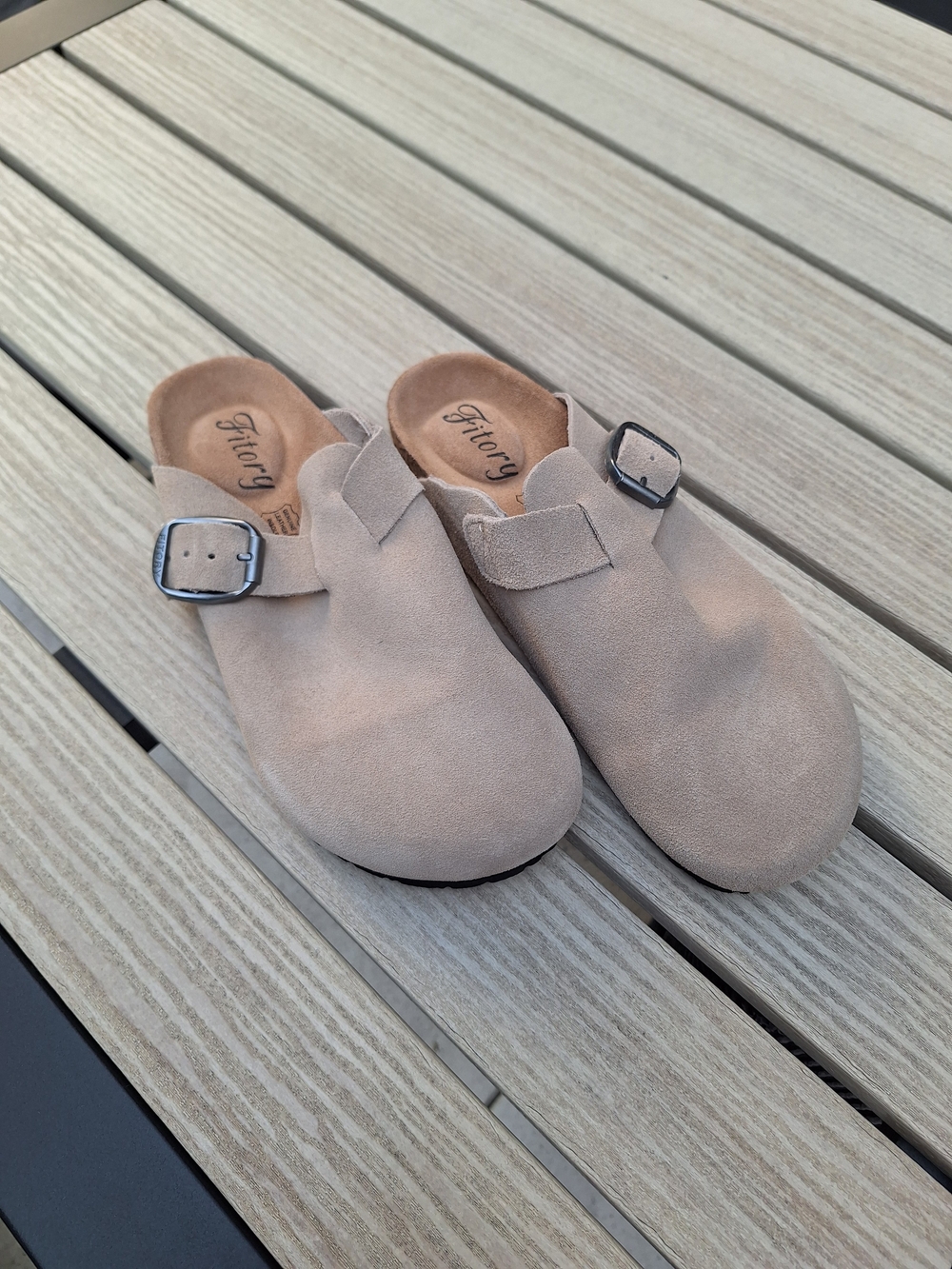 Fitory Beige Suede Slip-On Clogs with Buckle (Women's Size 8.5)